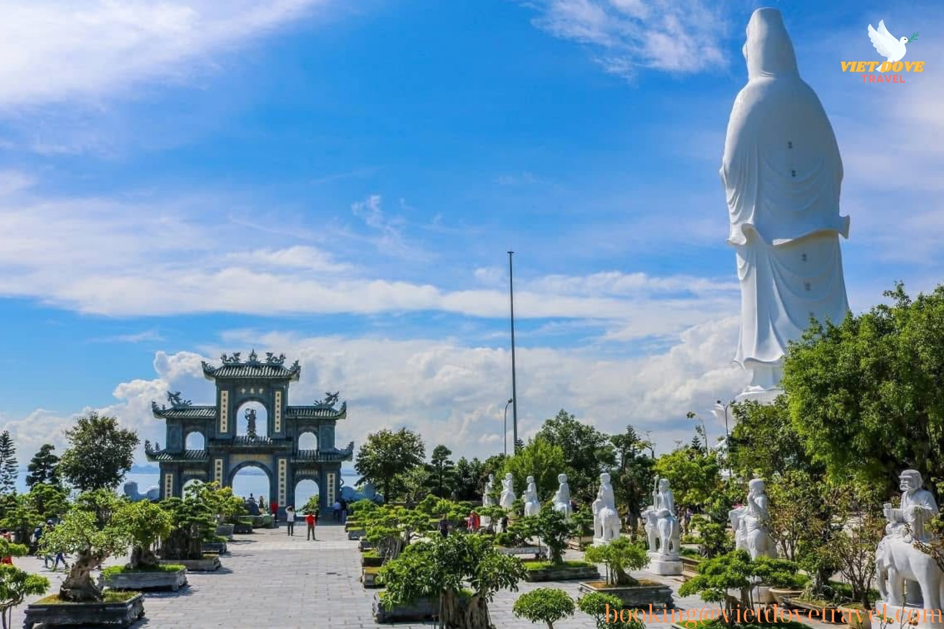 Aerial view of Lady Buddha statue with panoramic sea view, Son Tra.