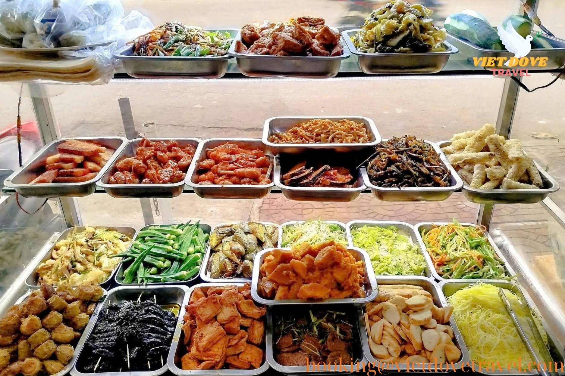 A colorful tray of meat-free dishes